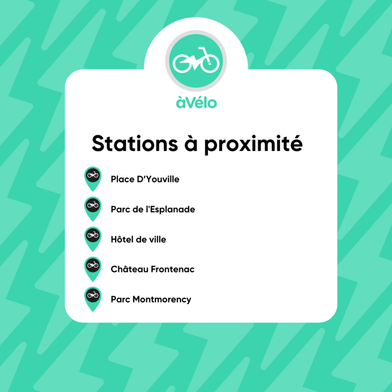 Stations à proximité : Place d'Youville, Parc de l'Esplanade, Hôtel de ville, Château Frontenac et Parc Montmorency